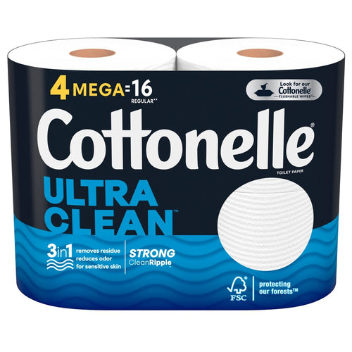 Cottonelle Ultra Clean Toilet Paper, Strong Toilet Tissue 4 Mega Rolls