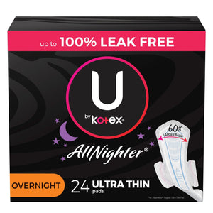 U by Kotex AllNighter Ultra Thin Pads with Wings Unscented Overnight 24 ct.