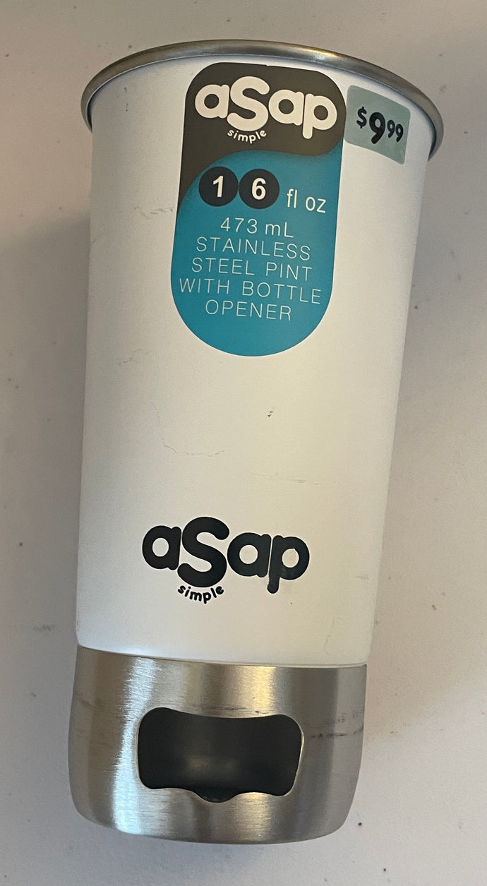 aSap 16 oz. Stainless Steel Pint with Built-In Bottle Opener White